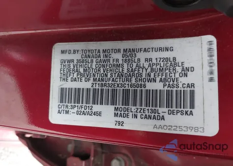 2003 Toyota Corolla S z USA, uszkodzony, nr VIN 2T1BR32EX3C165086